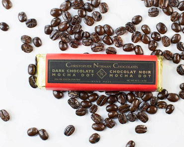 Mocha dot dark chocolate bar by Christopher Norman Chocolates