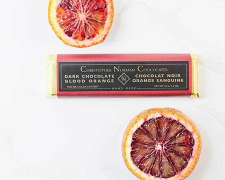 Blood orange dark chocolate bar by Christopher Norman Chocolates