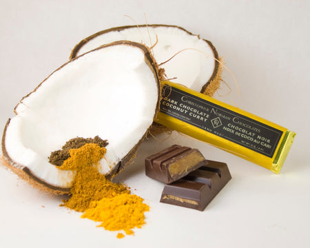 Toasted coconut curry dark chocolate bar, by Christopher Norman Chocolates